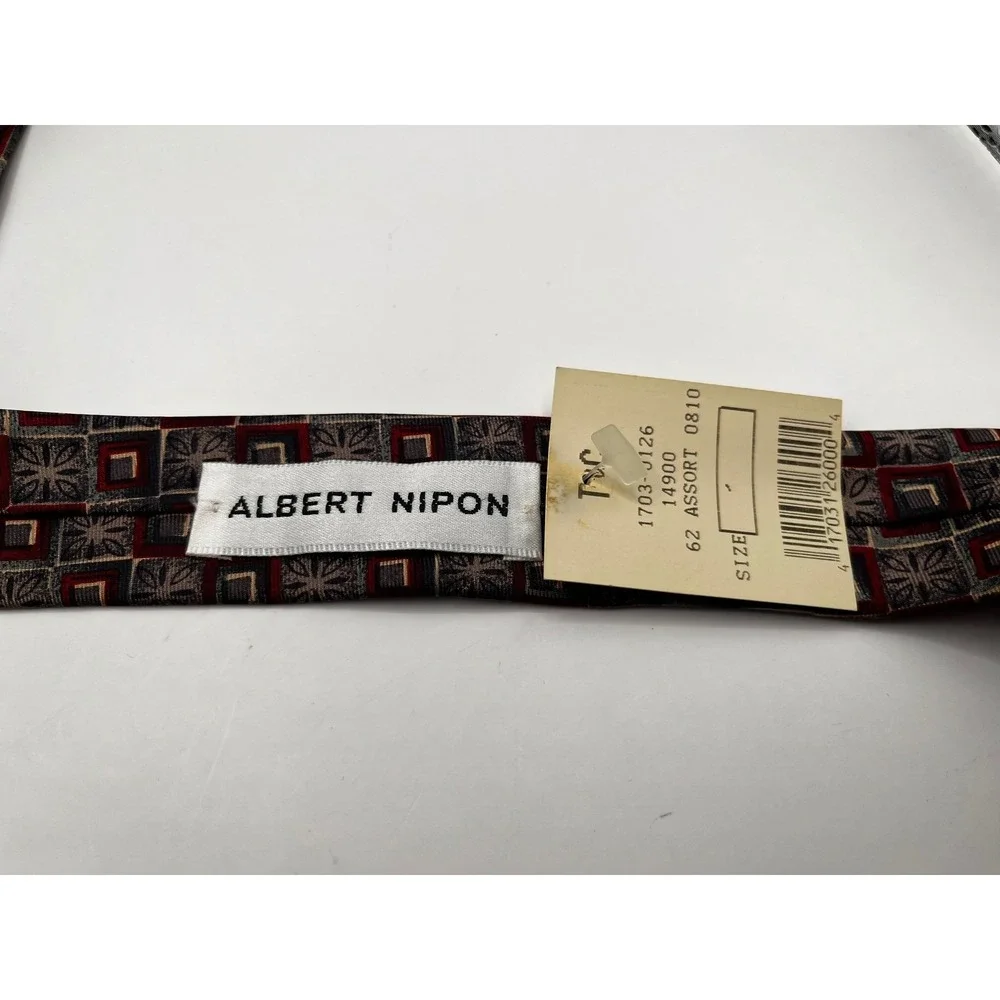 Albert NIPON Silk‎ Geometric Pattern Neck Tie Burgundy Gold Men's Accessory NWT